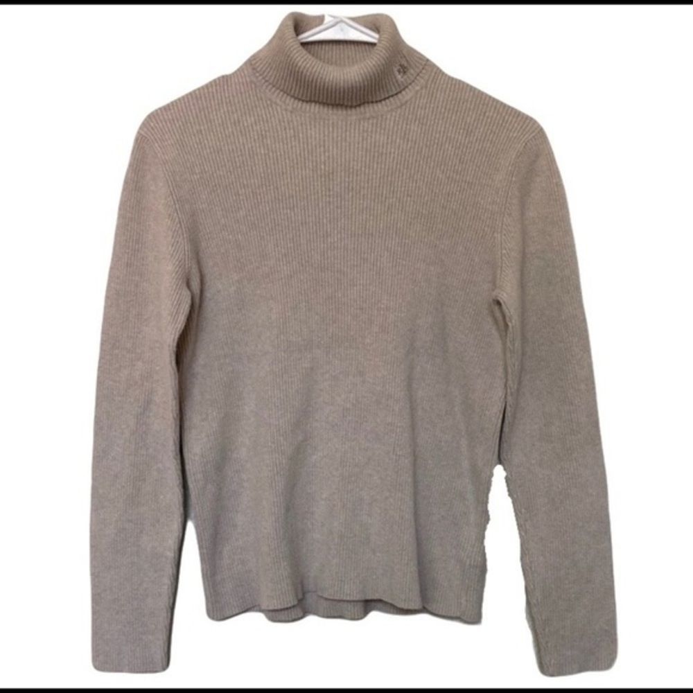 Ralph Lauren turtleneck sweater Large 100% cotton rib knit oatmeal beige